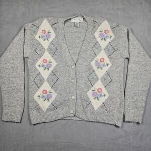 Vtg Private Party Angora Cardigan Womens M Argyle Floral Grey Granny Retro 90s